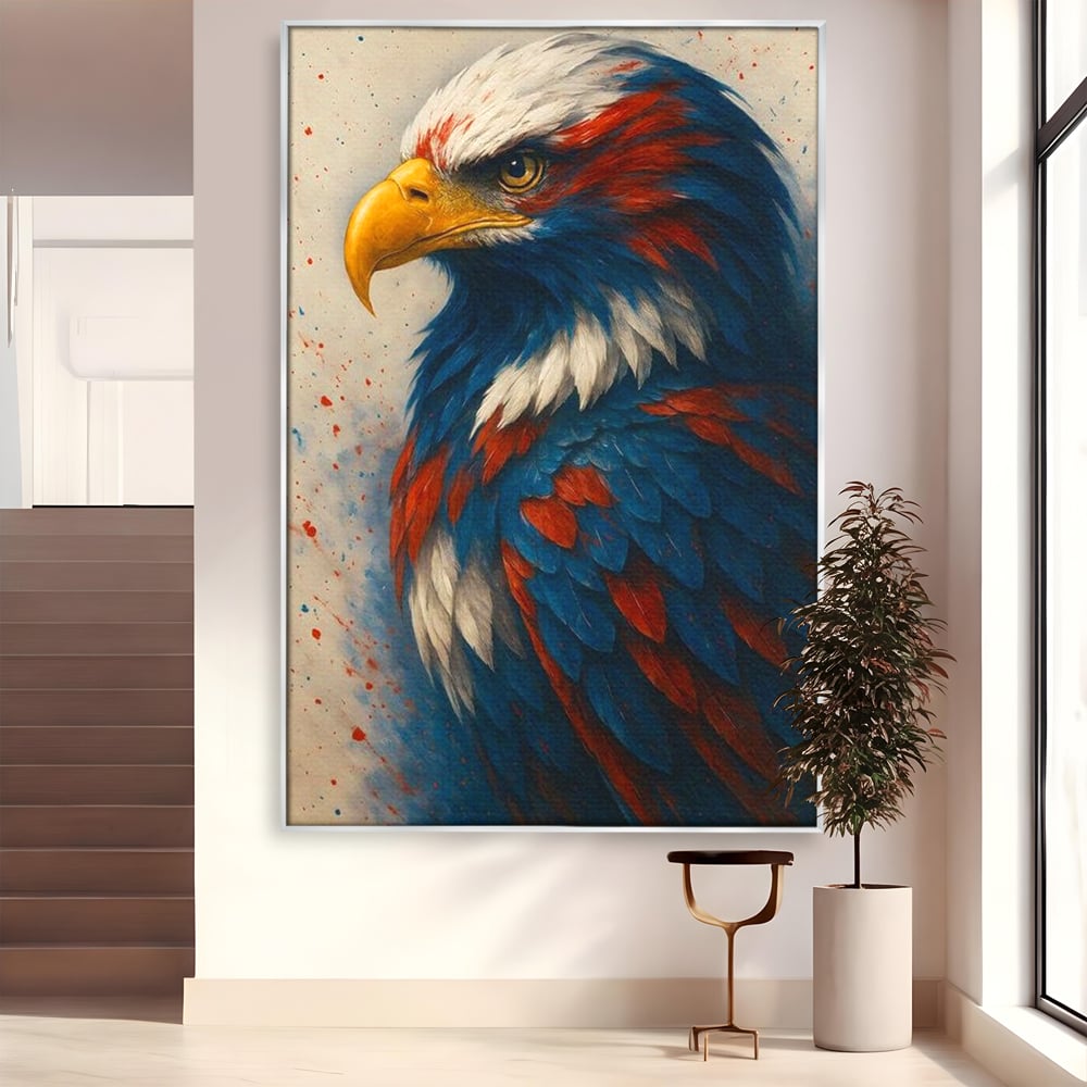 Tablou canvas cu tablou canvas cu vultur american pictat, in rama de aluminiu argintiu